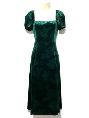 Francesca's Puff Sleeve Tabitha Velvet Midi Dress S Emerald Floral Regency Royal